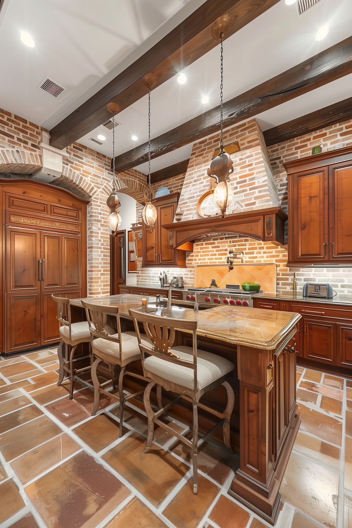 A kitchen with a patterned floor.