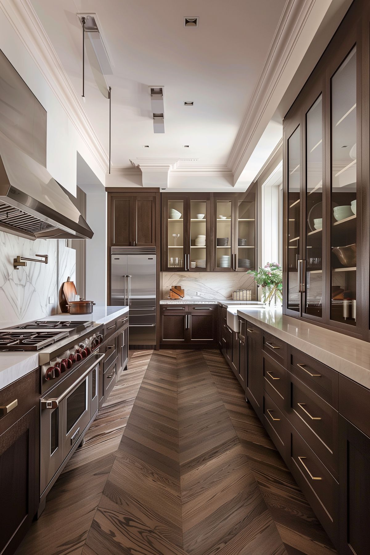 a kitchen with dark brown cabinets and floor.