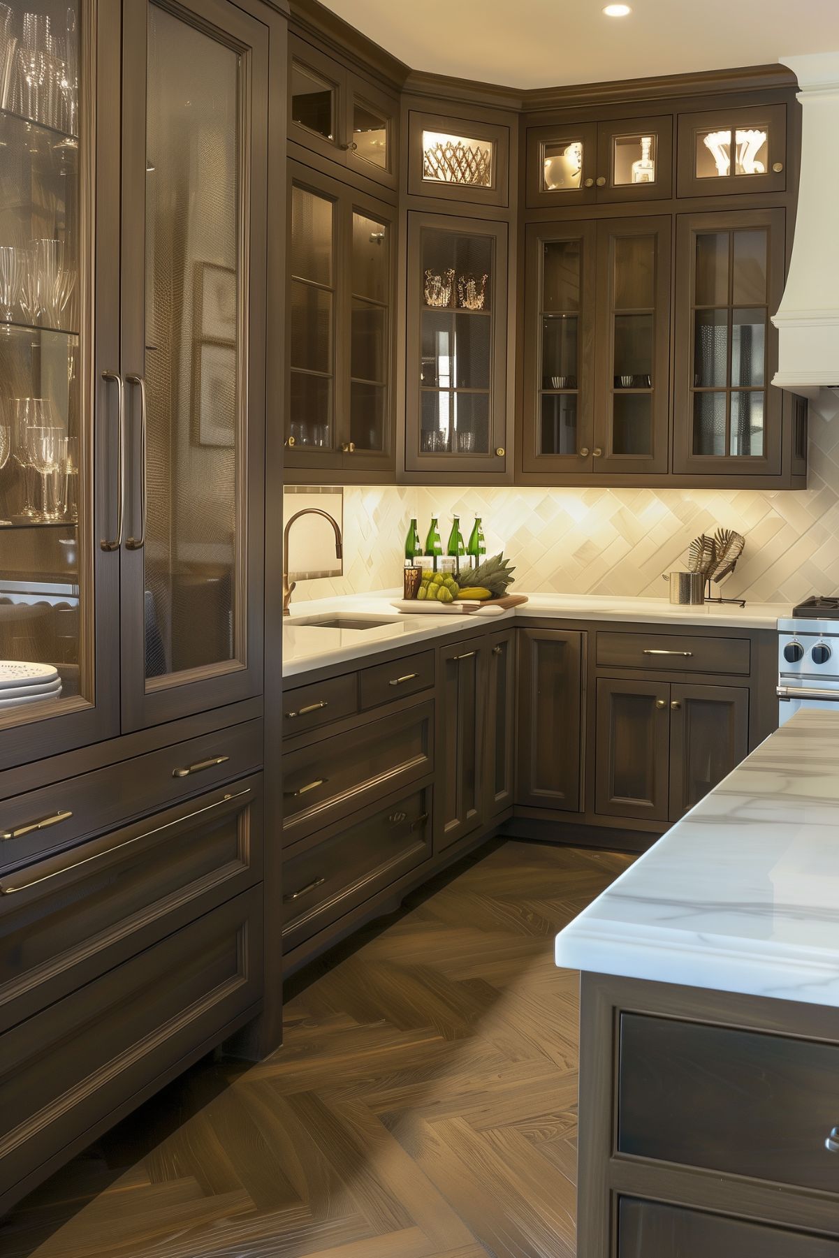 A kitchen with dark brown cabinets.