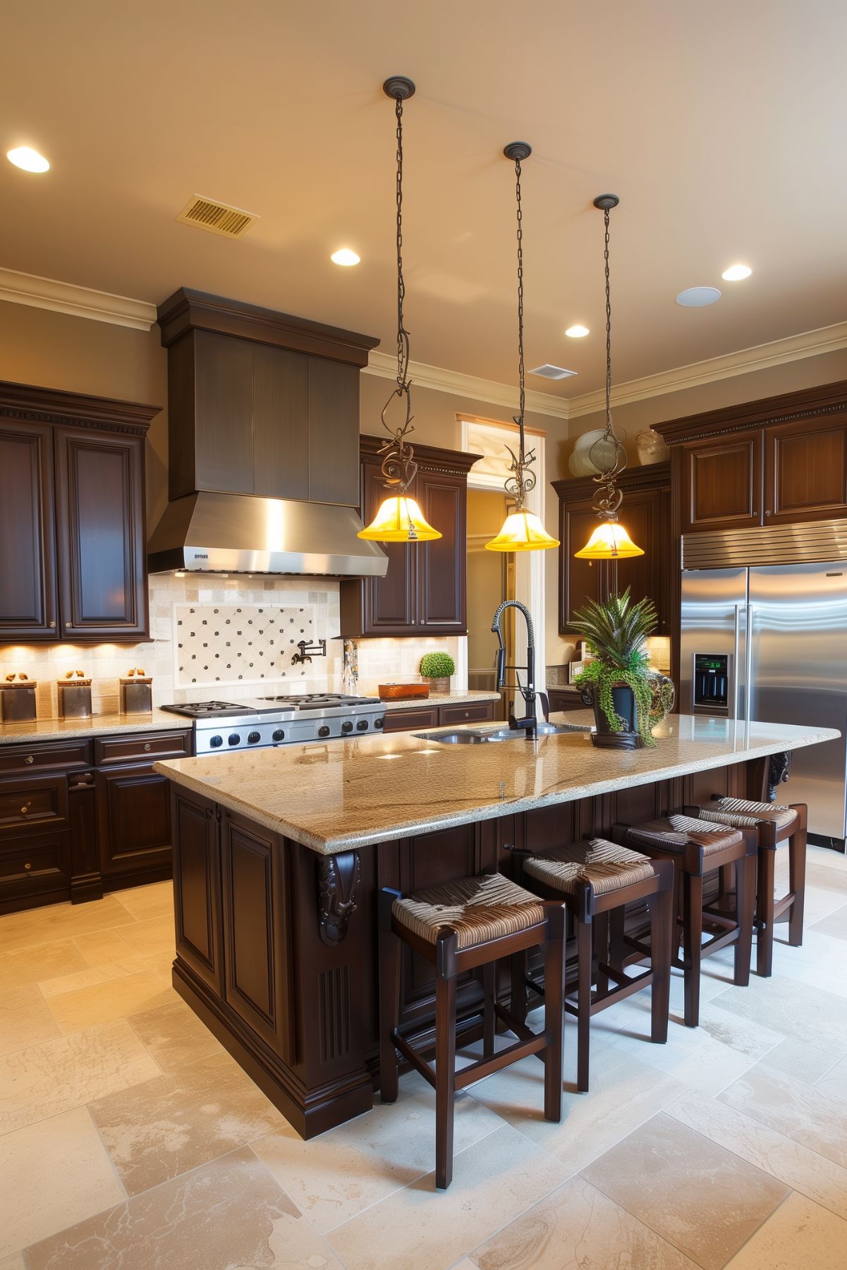 A dark brown kitchen island.