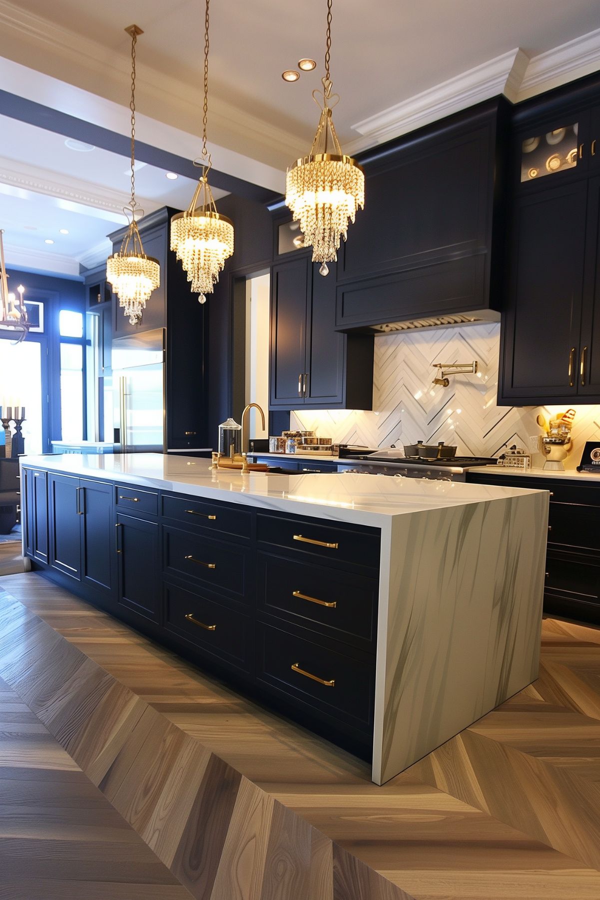 Luxurious navy blue kitchen with crystal chandeliers, white marble island, brass hardware, and herringbone backsplash; elegant and sophisticated design with a chevron wood floor for added warmth.