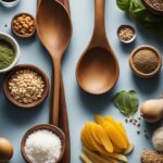 2 Wooden spoons surrounded by spices in small bowls.