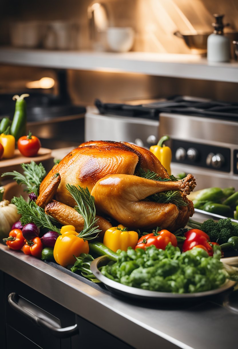 A cooked turkey surrounded by fresh vegetables.