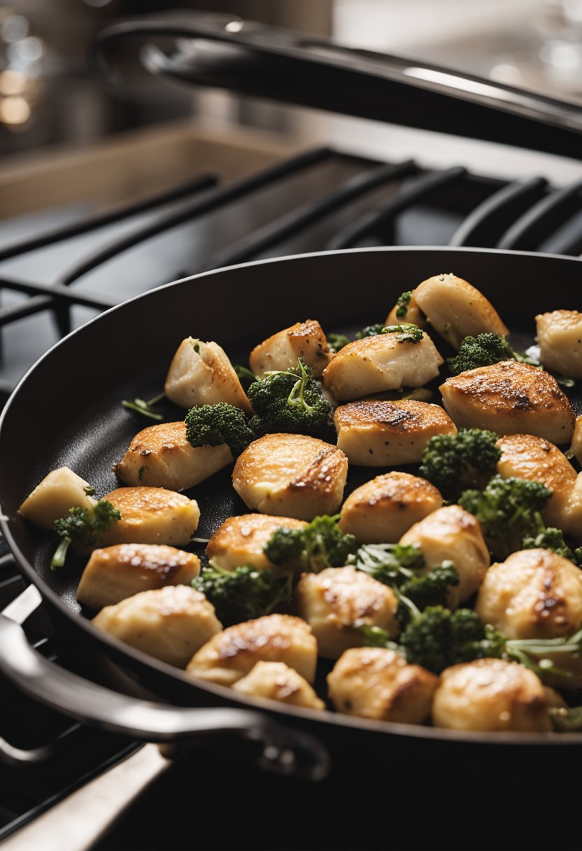 A roasting pan filled with potatoes and broccoli.