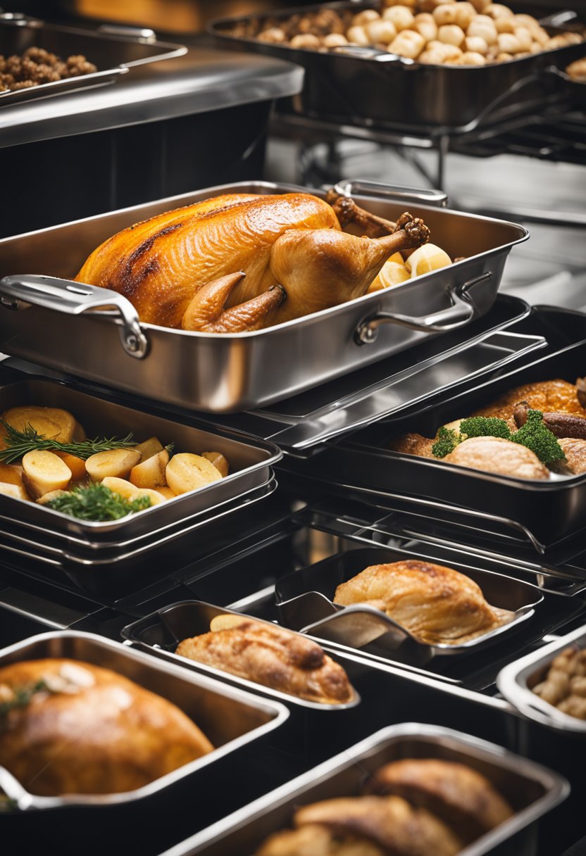 A cooked turkey in a roasting pan.