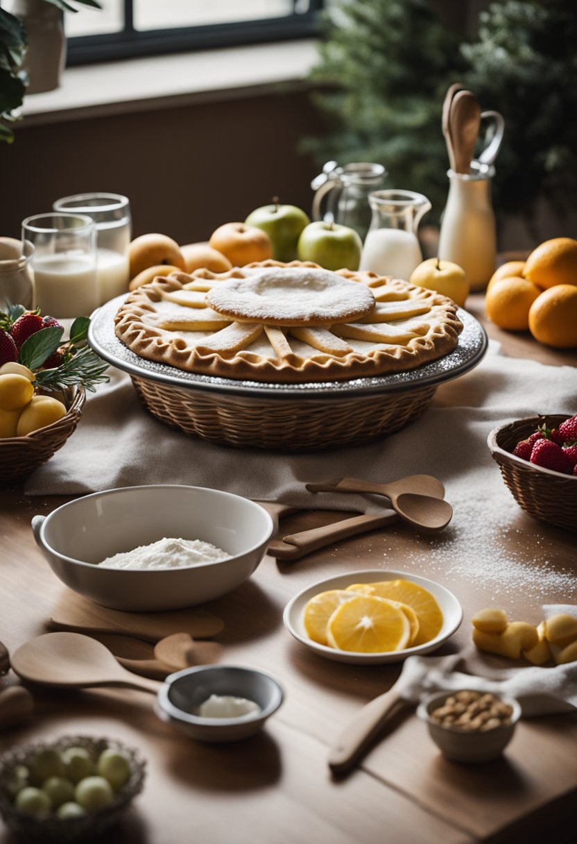 A finished pie on a light tan surface surrounded by ingredients.