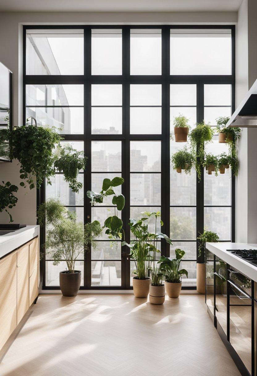 A bright and airy kitchen filled with houseplants. 