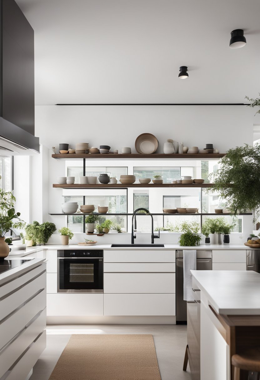 A bright, white kitchen with open shelving.