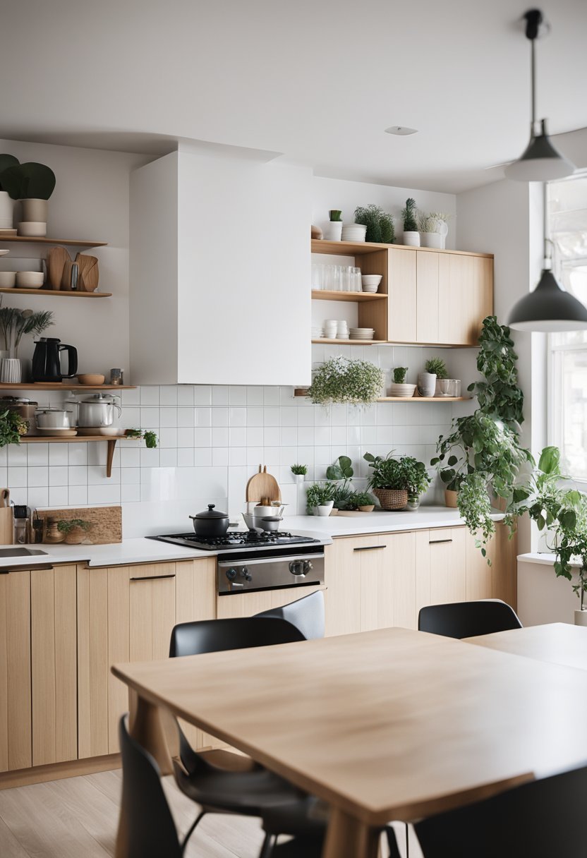 A neutral kitchen with white tile backsplash. 
