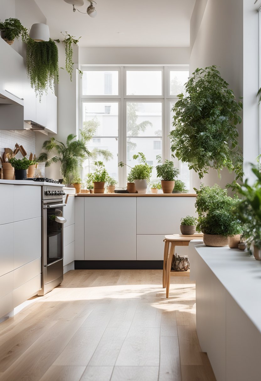 A Scandinavian Kitchen with plants on the counters.