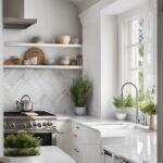 A white kitchen with open shelving.