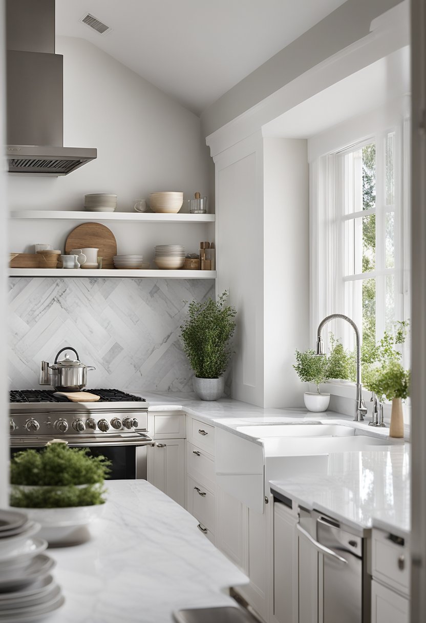 A white kitchen with open shelving.
