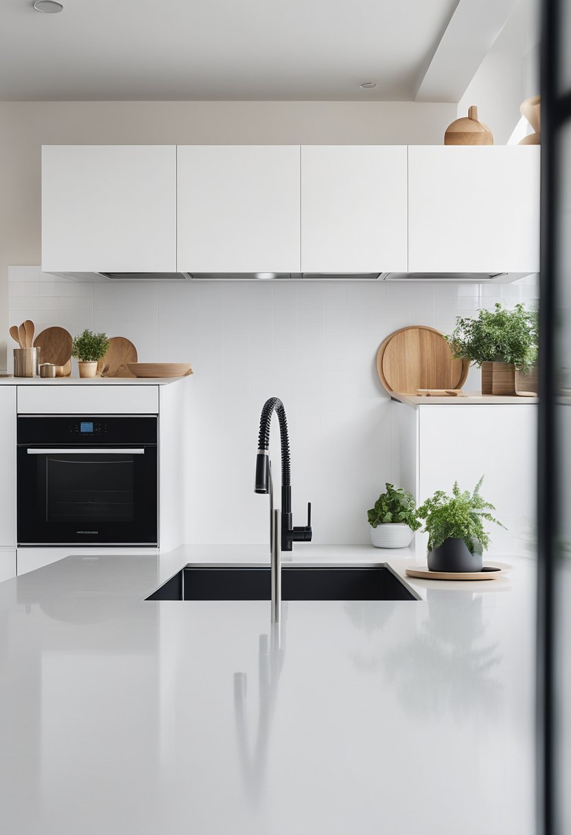 A sleek white kitchen with a black sink.