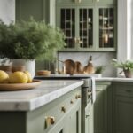 Sage green kitchen cabinets.