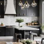 An elegant kitchen with black cabinets and white countertops.