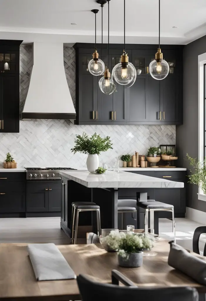 An elegant kitchen with black cabinets and white countertops.