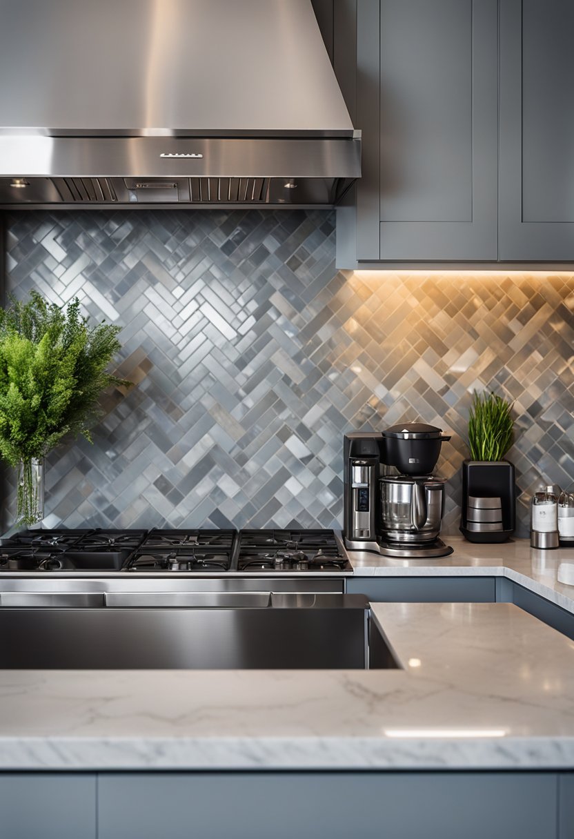 A gray kitchen with an intricate herringbone patterned back splash.