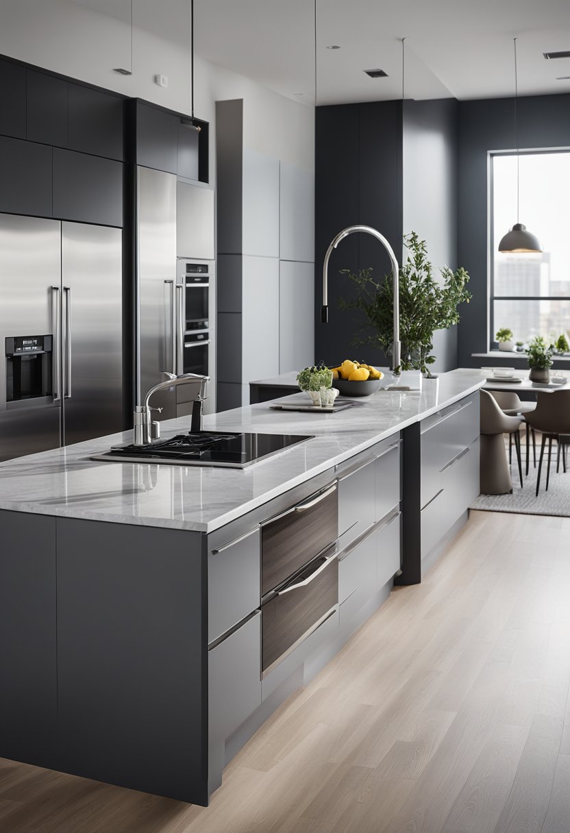 A kitchen with light gray, medium gray, and dark gray walls.