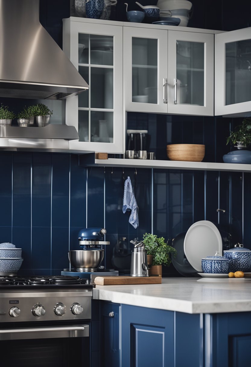 A navy blue kitchen with white cabinets.