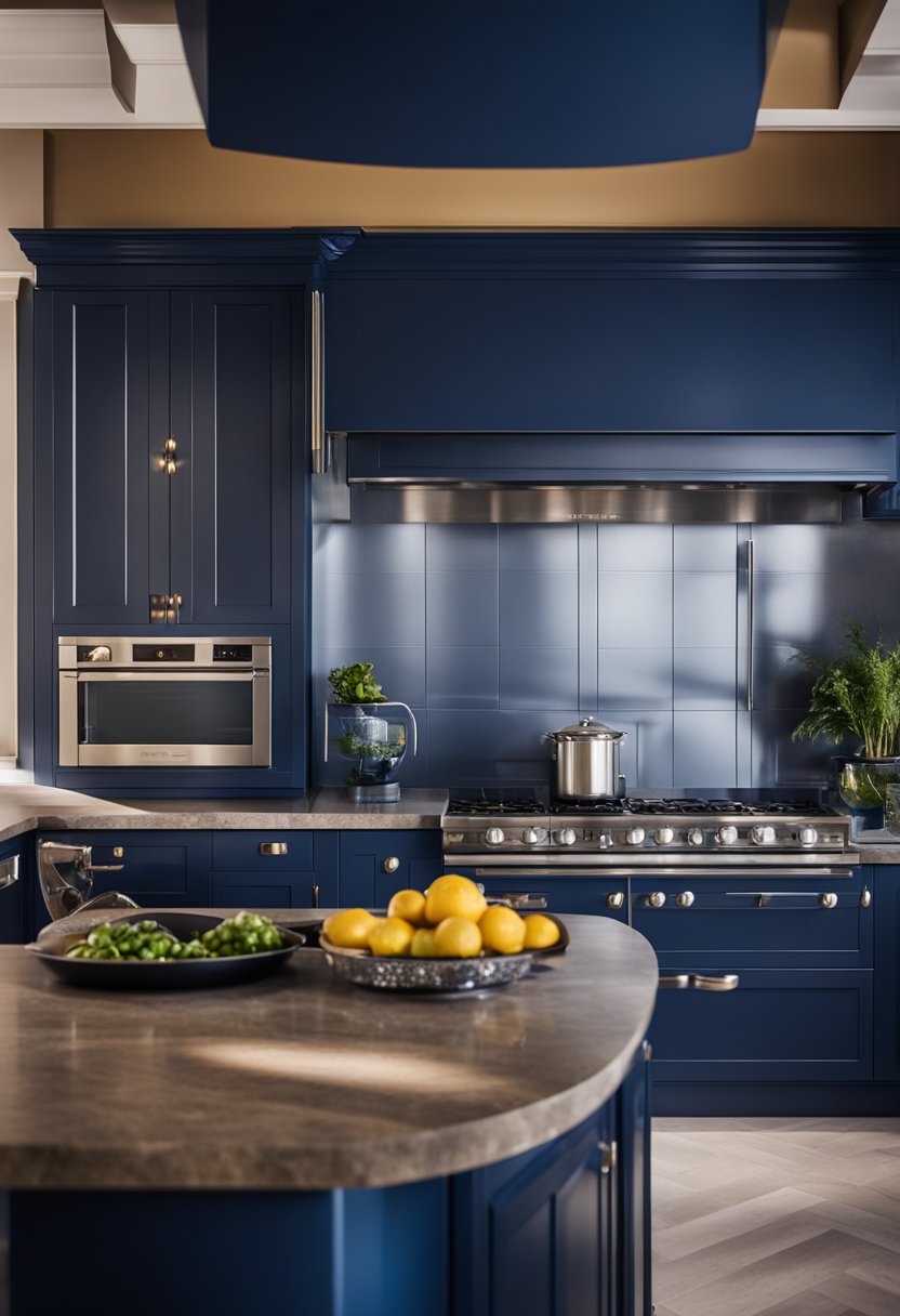 A dark blue kitchen.