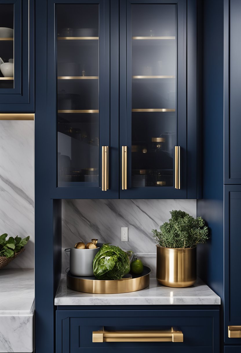 A navy blue kitchen with brass cabinet handles and accessories. 