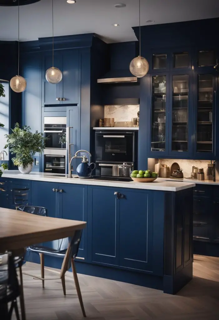 A beautiful navy blue kitchen with tall glass front cabinets.