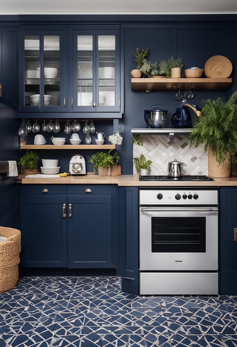 A blue kitchen with a blue and white tile floor. 