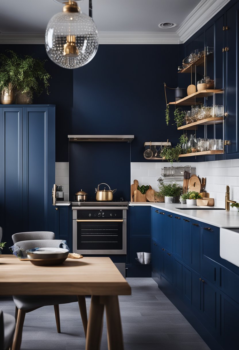 A navy blue kitchen with white countertops.