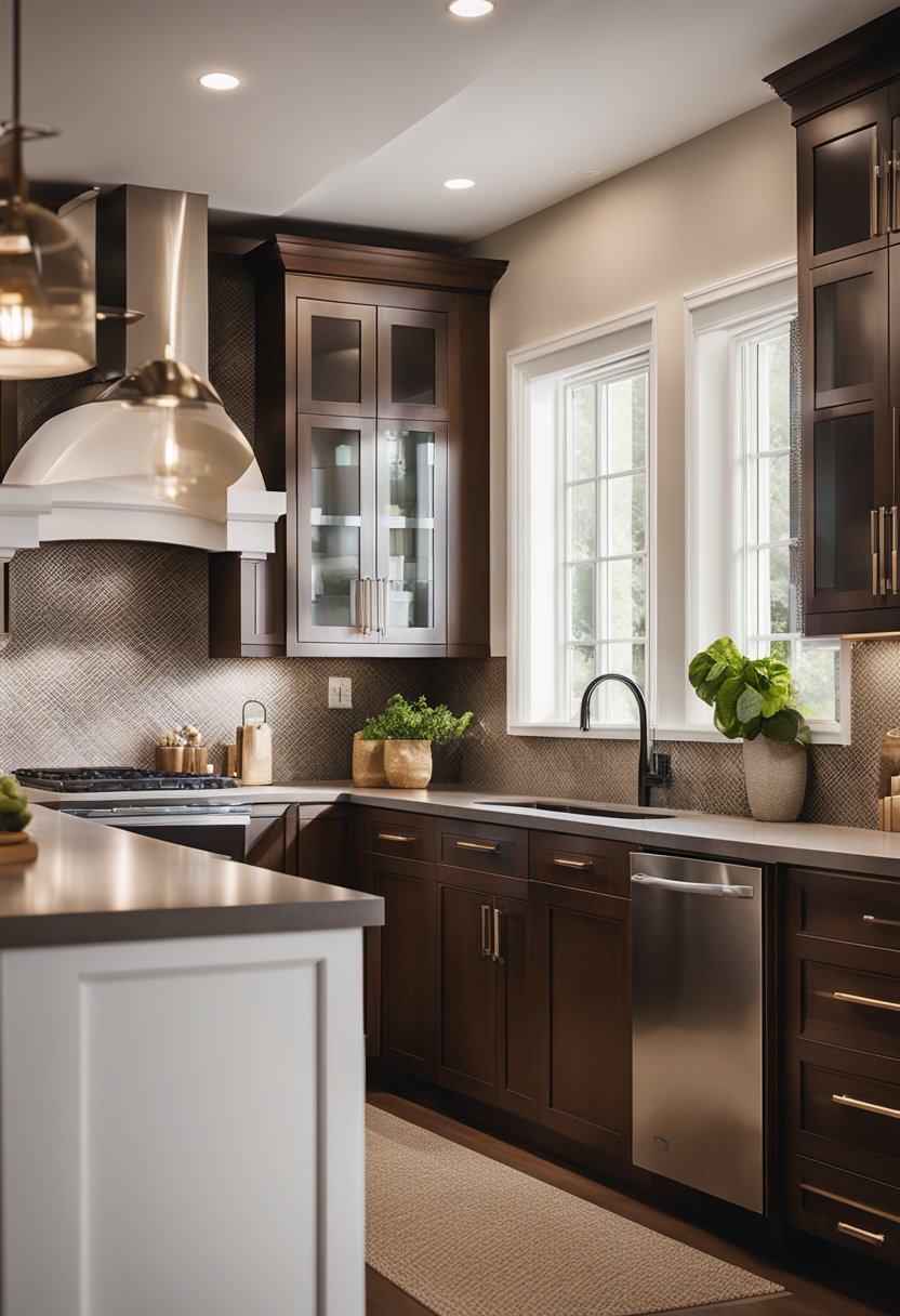 A kitchen with brown cabinets and textured wall covering.