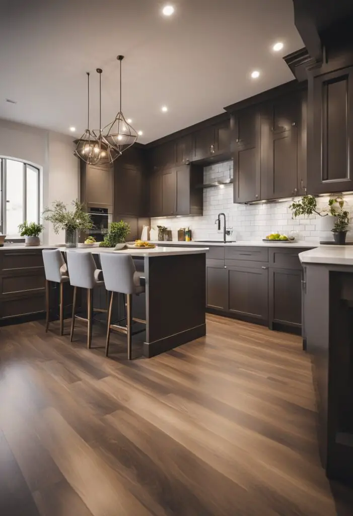 A brown kitchen with a brown island.