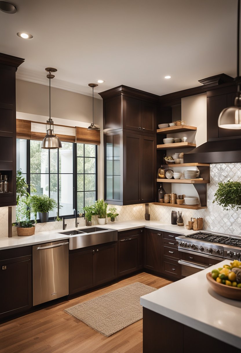 A kitchen with rich dark brown cabinets and white tile backsplash.