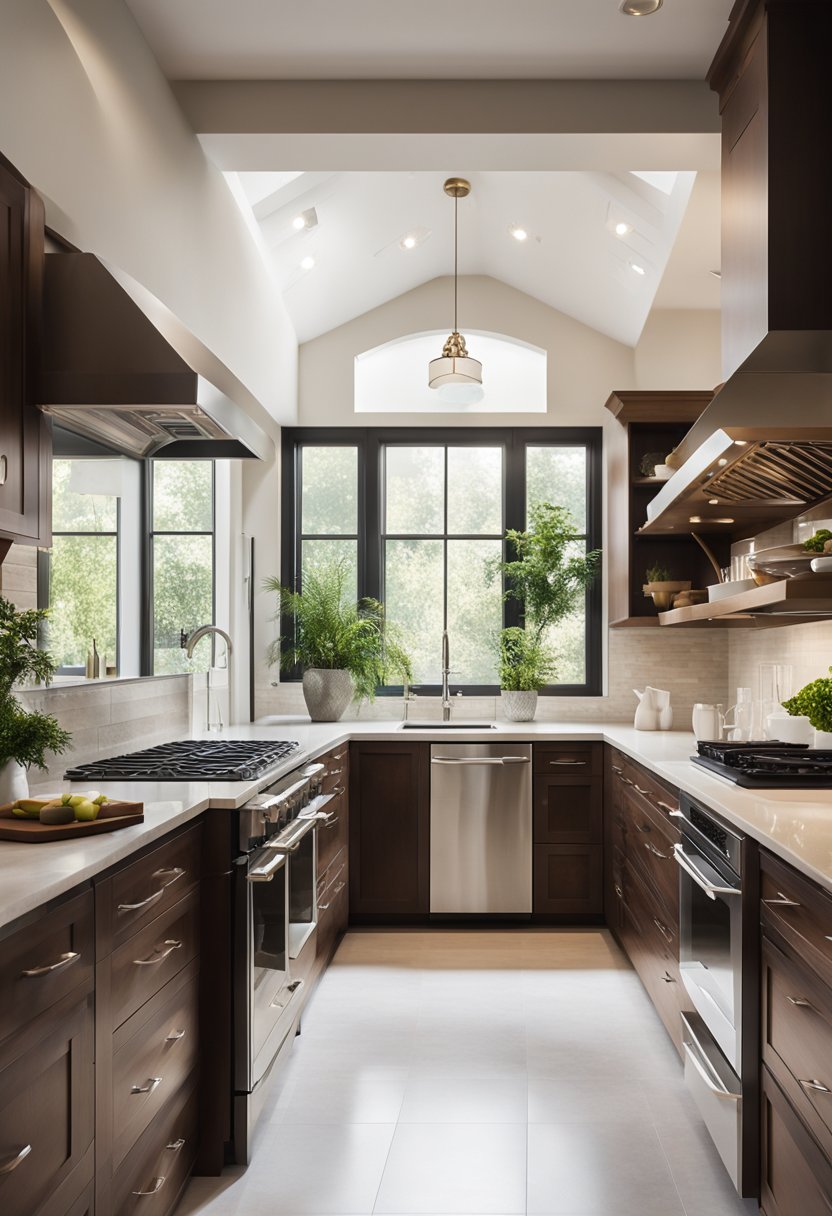 A brown galley kitchen with bright natural light.