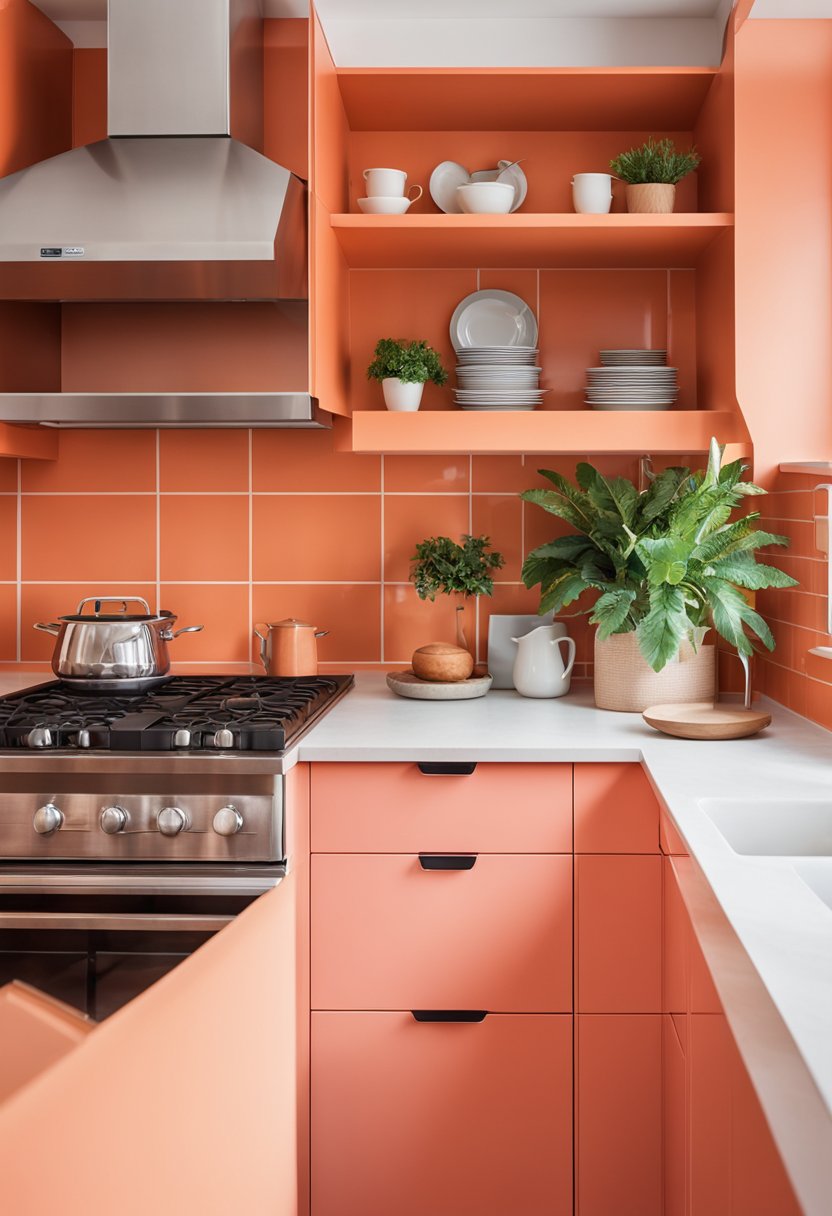 A deep coral kitchen with open shelving.