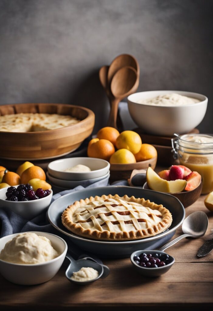A finished pie in a gray pan surrounded by ingredients.