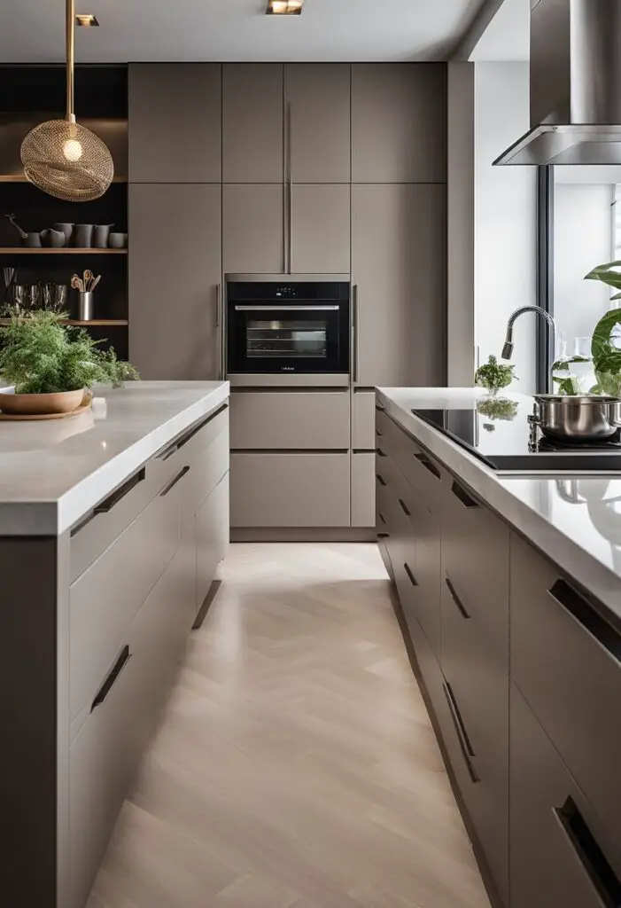 A taupe kitchen island.