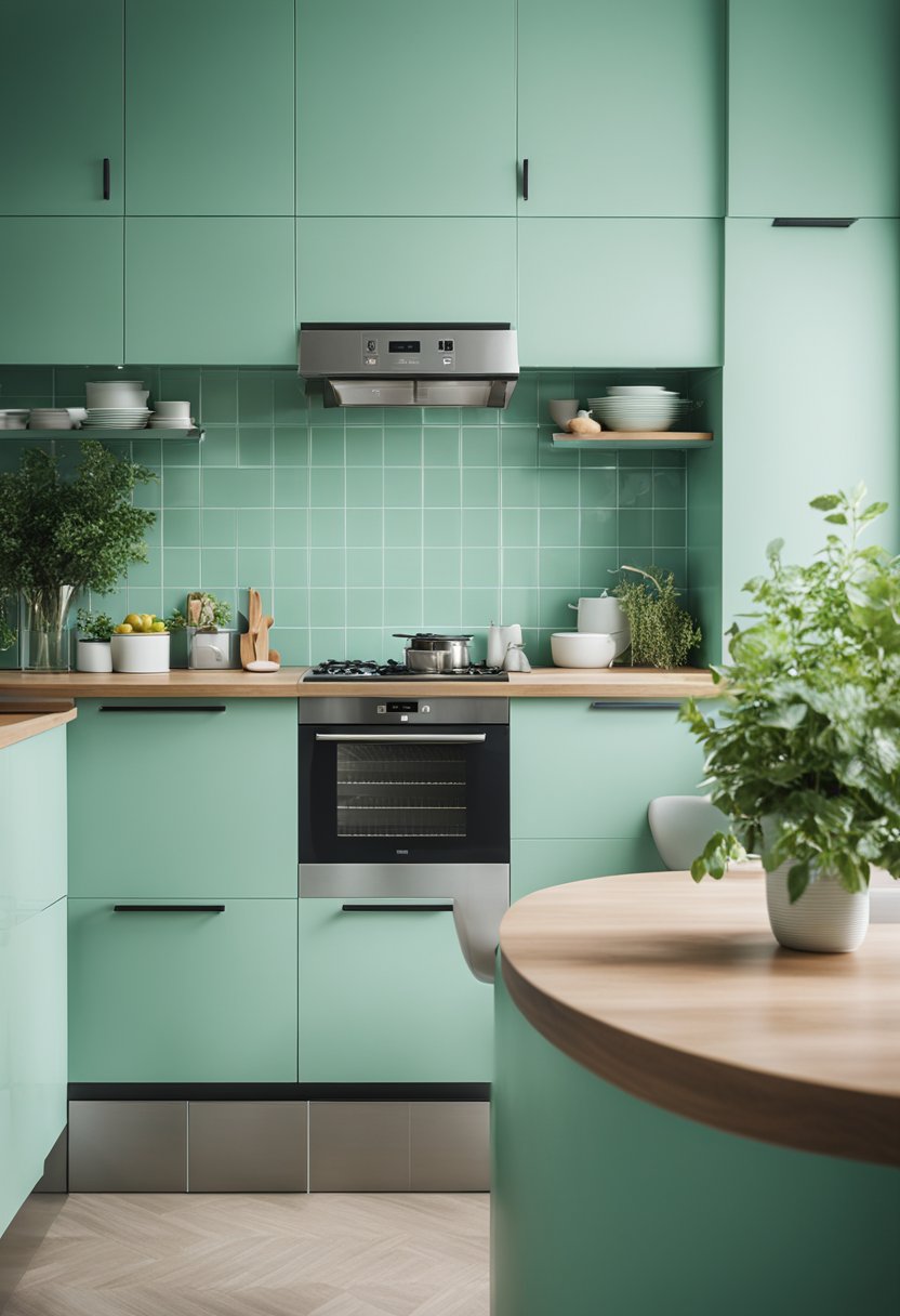 A mint green kitchen with light wood flooring and countertops.