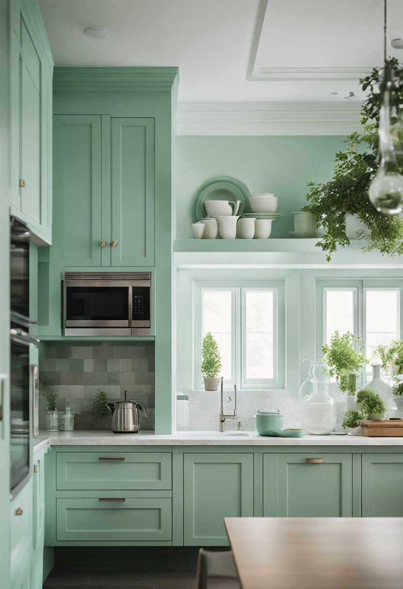 A mint green kitchen with bright window light. A white ceiling and countertop.