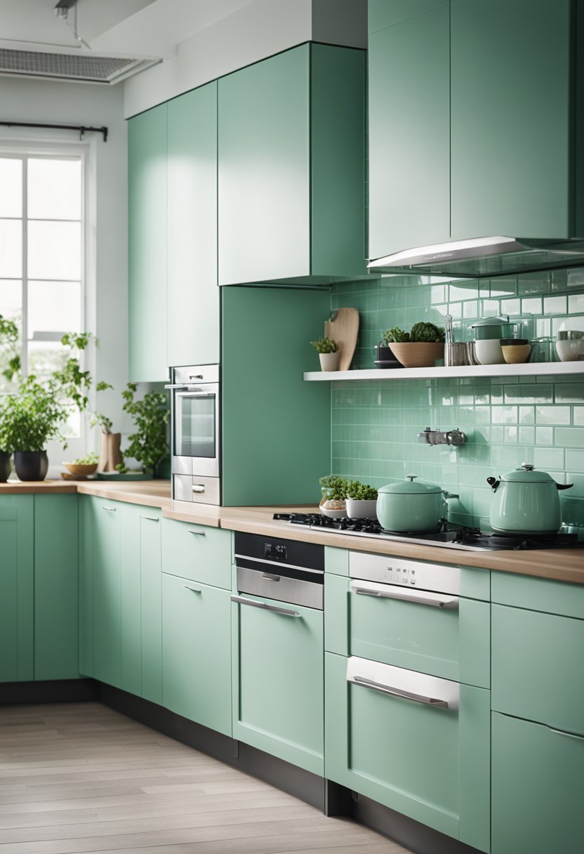 A modern mint green kitchen.