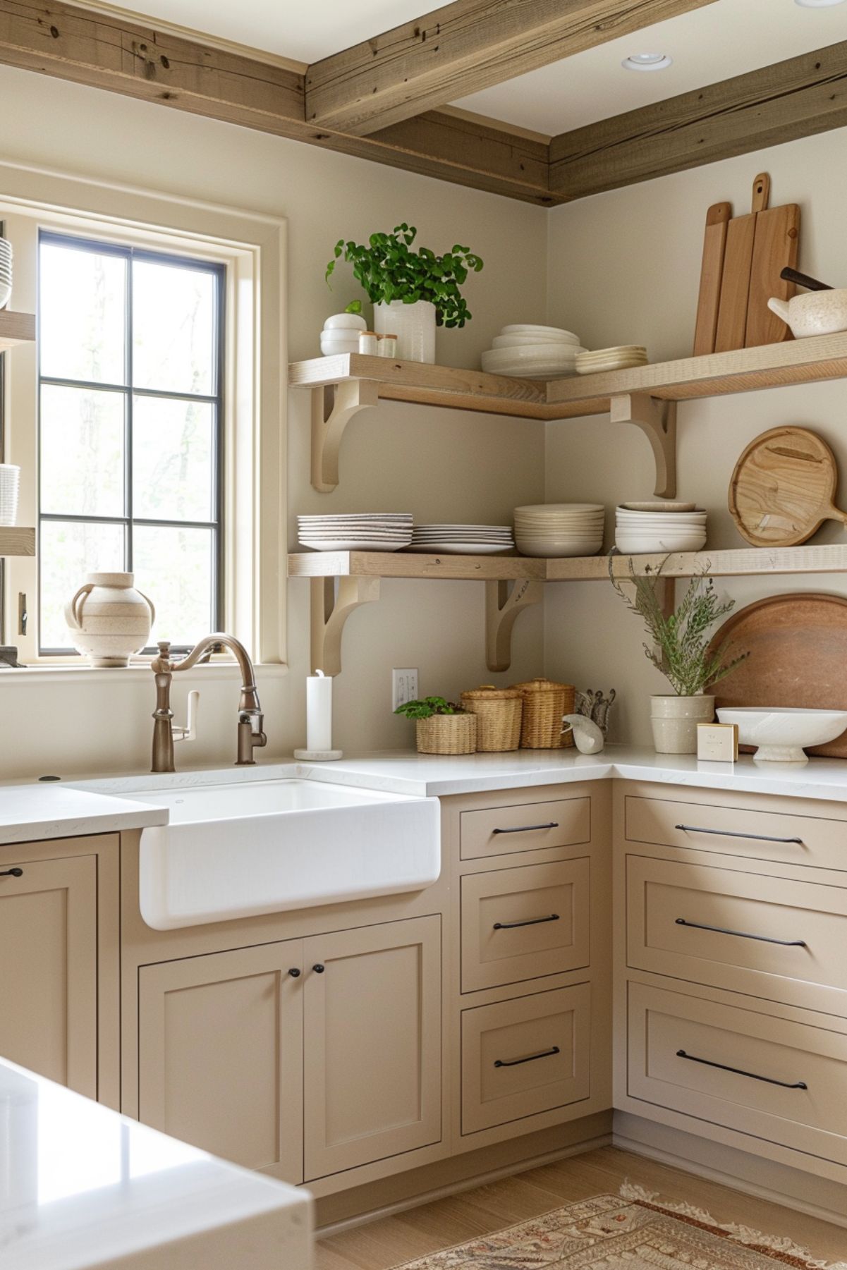 A kitchen sink with open shelving next to it.