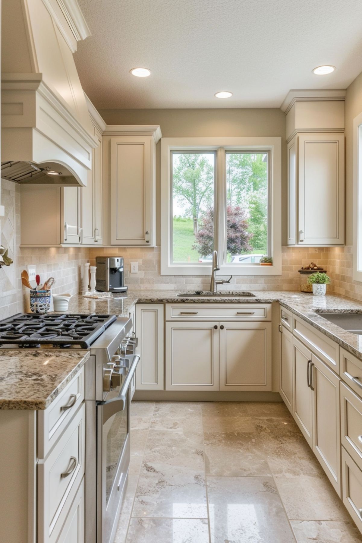 A beige galley kitchen with a stainless steel oven.