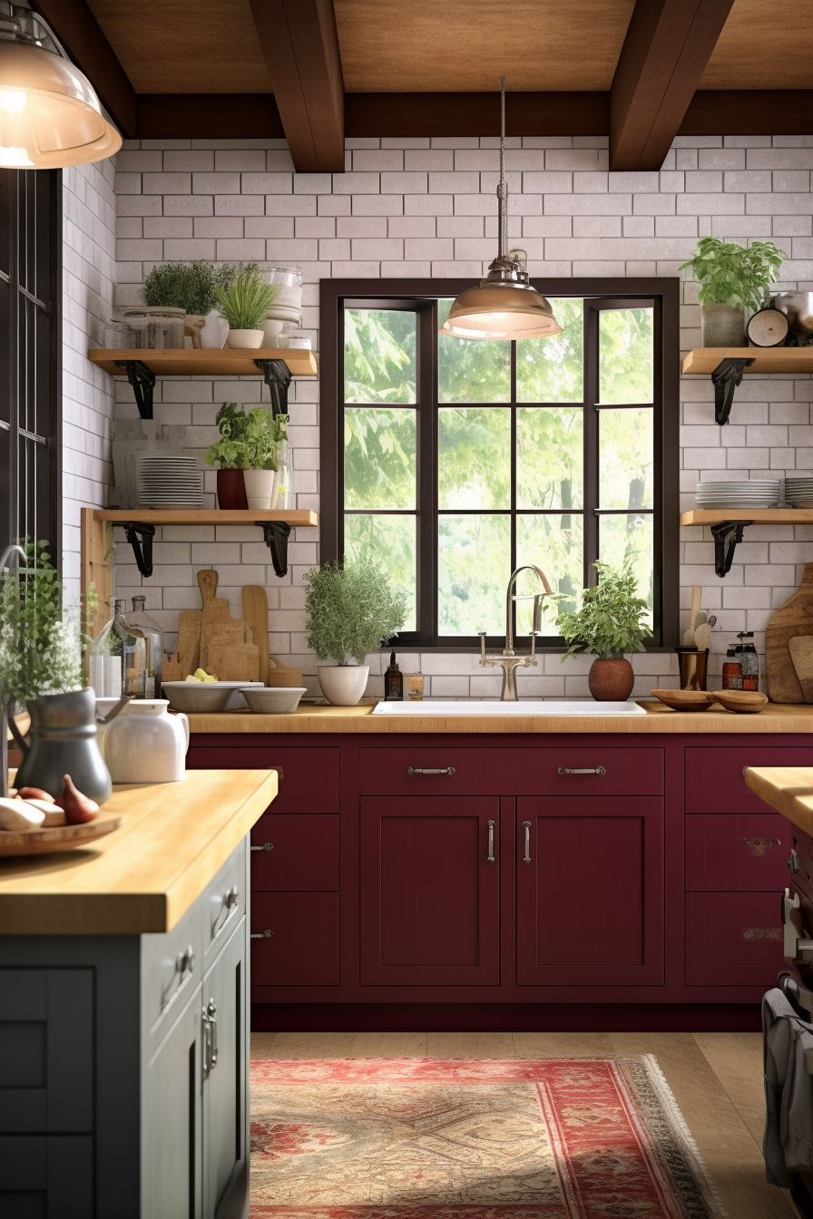 A cozy rustic kitchen with burgundy cabinets and a wooden butcher block countertop. The kitchen features open shelving filled with green plants and kitchen essentials, adding a touch of nature and homeliness. A large window framed by dark trims provides a lush green view and fills the space with natural light. Overhead, industrial-style copper pendant lights hang, complementing the warm tones of the burgundy cabinets and wooden accents. A patterned rug adds a splash of color to the tiled floor, enhancing the rustic charm of the kitchen.