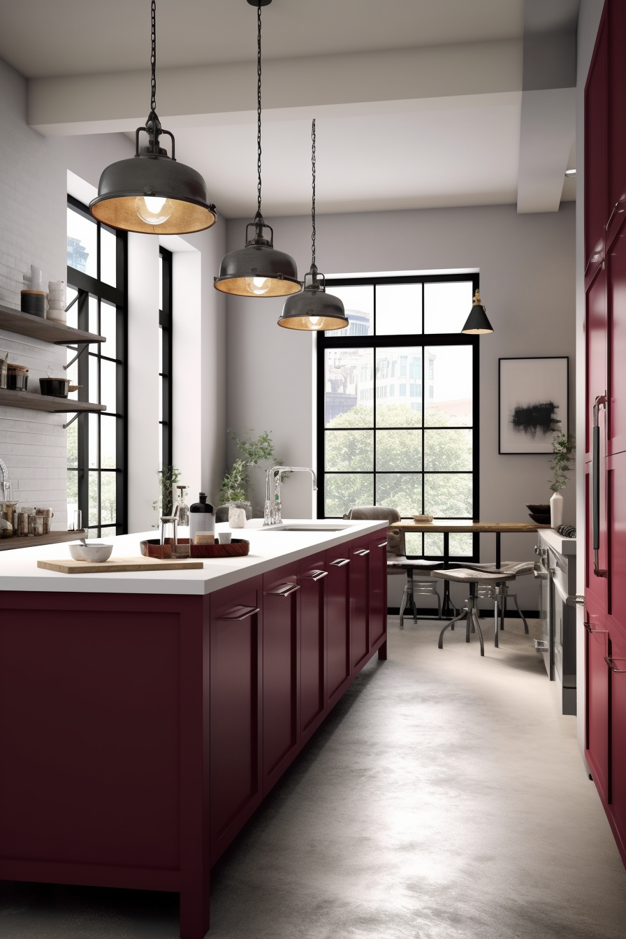 A modern kitchen with burgundy cabinets and a large central island topped with a white countertop. Industrial-style pendant lights with a black exterior and golden interior hang above the island, casting a warm glow. The room features large windows framed by black steel, allowing ample natural light to flood the space. Minimalist shelving on the side holds various kitchen essentials, creating a clean and functional aesthetic. The flooring is polished concrete, complementing the urban chic design.