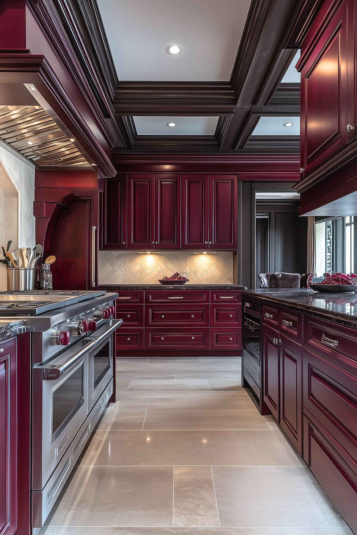 Elegant kitchen with rich burgundy cabinetry and detailed molding, featuring stainless steel appliances, including a professional-grade oven. The space has a light beige tiled floor and a backsplash with subtle diamond patterns. Under-cabinet lighting highlights the dark granite countertops, while the coffered ceiling adds a touch of sophistication to the design.