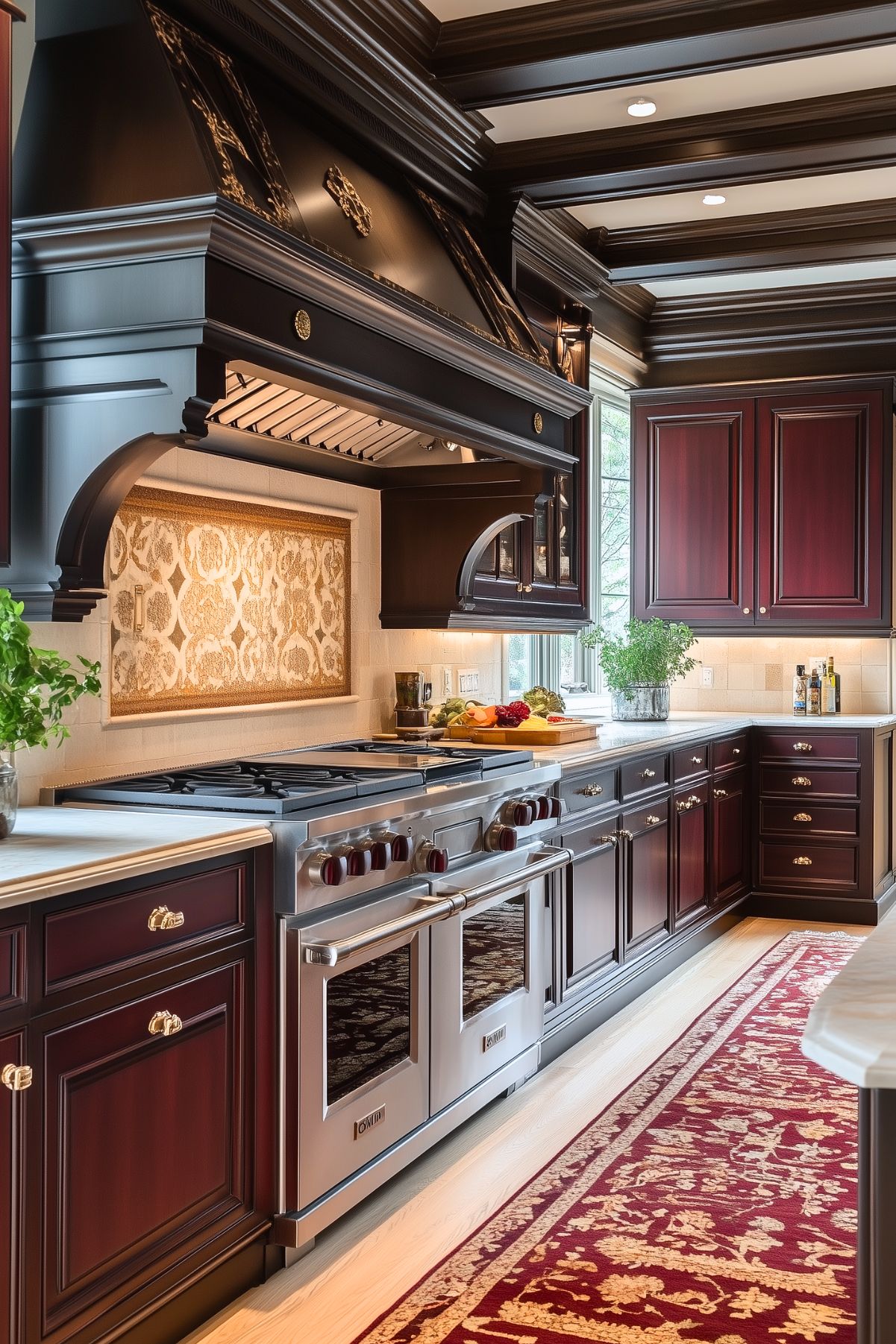 Elegant kitchen with deep burgundy and black cabinetry, featuring a large professional-grade stainless steel stove and range hood with intricate gold detailing. The backsplash includes a decorative tile inset with a gold and cream pattern. Marble countertops, polished brass hardware, and a rich red patterned rug enhance the luxurious feel of the space, while under-cabinet lighting adds a warm glow.