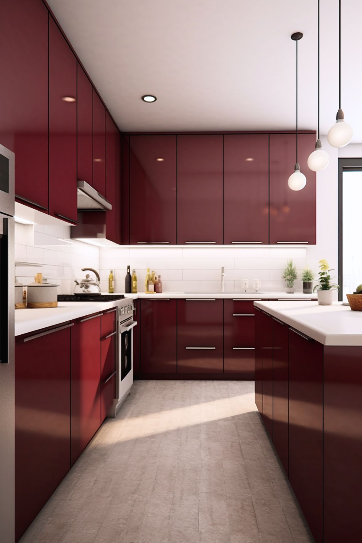 Sleek modern kitchen with glossy burgundy cabinetry and minimalist silver hardware, featuring white countertops and a white subway tile backsplash. The space includes stainless steel appliances, under-cabinet lighting, and pendant lights hanging over the island. Potted plants and bottles are placed along the countertops, adding a touch of warmth to the contemporary design.