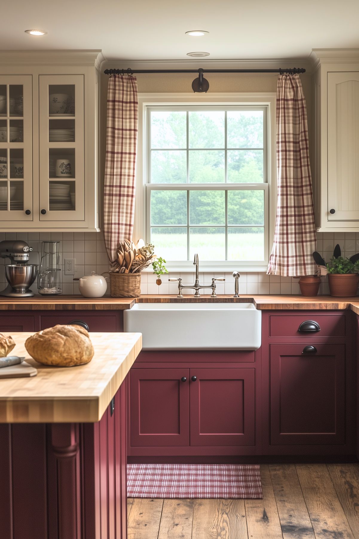 Charming farmhouse kitchen featuring burgundy lower cabinets and a white farmhouse sink with brass fixtures. The space includes wooden countertops, white subway tile walls, and a window adorned with red gingham curtains. Potted herbs line the windowsill, adding a natural touch to the cozy, rustic decor. Open shelving holds dishes and kitchen essentials, while exposed wooden beams add to the farmhouse ambiance.