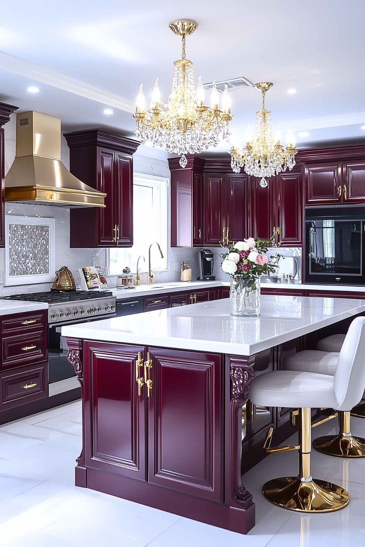 Luxurious kitchen with burgundy cabinetry and gold accents, featuring two elegant crystal chandeliers hanging above a large island with white countertops. The kitchen includes a gold range hood, high-end appliances, and decorative detailing on the cabinets. A vase with fresh flowers sits on the island, while plush white bar stools with gold bases complete the sophisticated look.