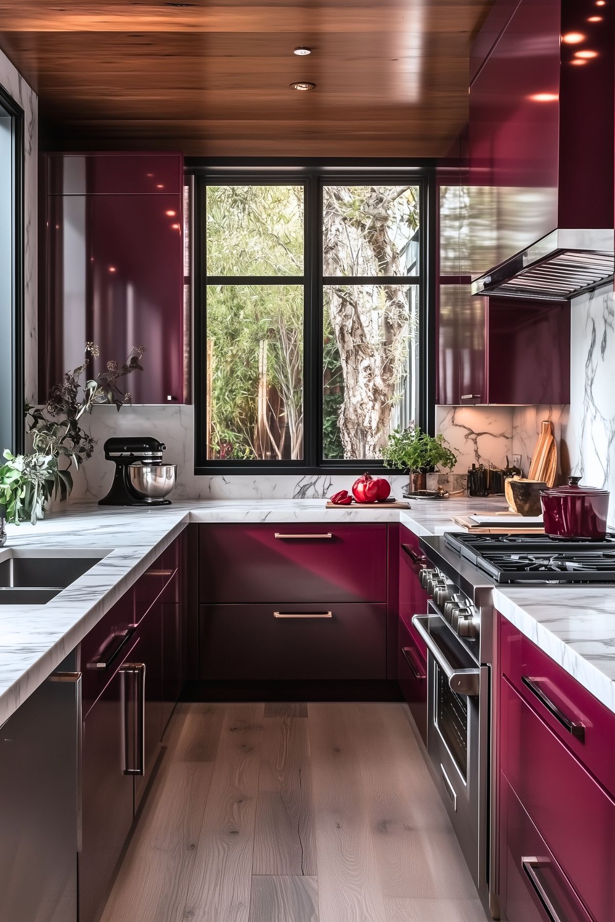 Sleek and modern kitchen with glossy burgundy cabinetry and marble countertops, featuring stainless steel appliances and a large gas stove. The kitchen has a natural wood ceiling, and a large window brings in plenty of natural light, offering views of the outdoor greenery. Decorative elements, such as fresh produce and potted herbs, add warmth to the clean, minimalist design.