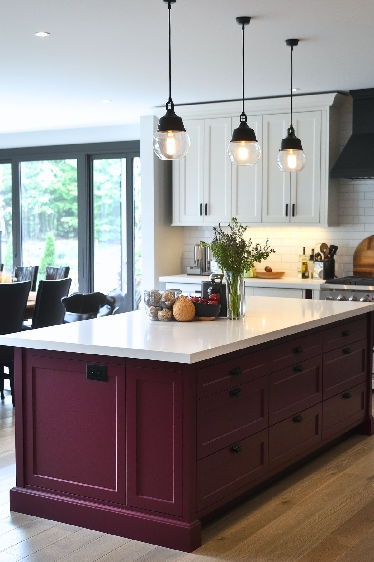 Modern kitchen featuring a burgundy island with white countertops and black hardware, complemented by three pendant lights with glass shades hanging overhead. White cabinetry and a subway tile backsplash create a bright, airy atmosphere. A vase with greenery, fruit, and decorative jars sit atop the island, with large sliding glass doors in the background providing views of a green outdoor space.