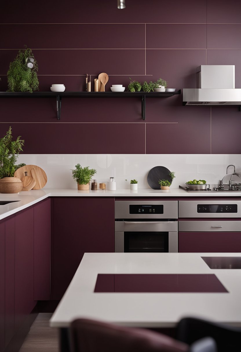 A kitchen with burgundy walls with open shelving.